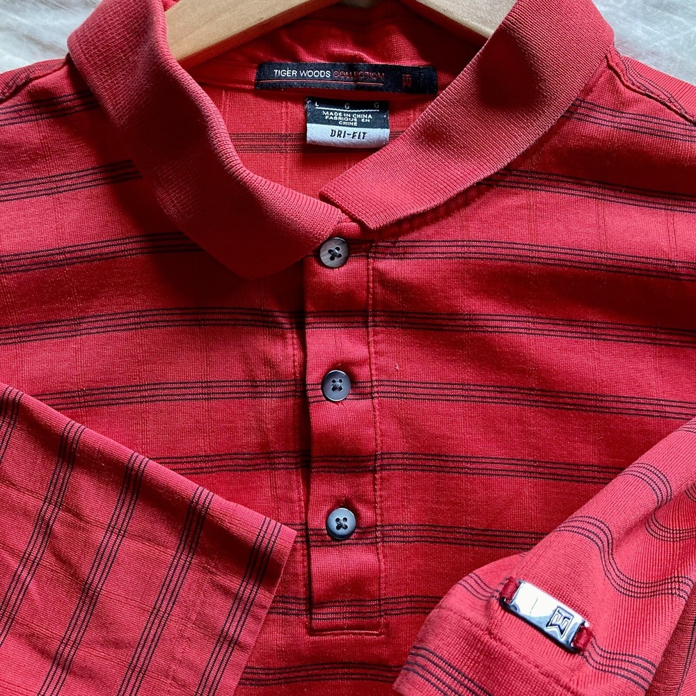 Nike Tiger Woods Collection Mens Large DriFit Golf Polo Sunday Red Black Striped